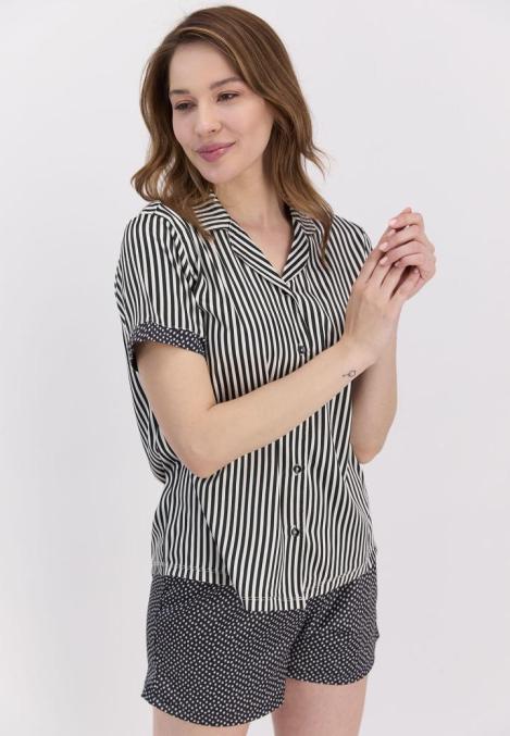 Pijama damă viscoză alb-negru cu dungi și stelute Engros